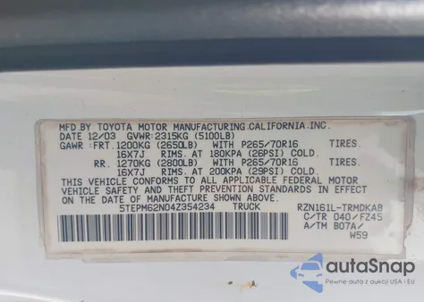 2004 Toyota Tacoma из США, поврежденный, VIN 5TEPM62N04Z354234